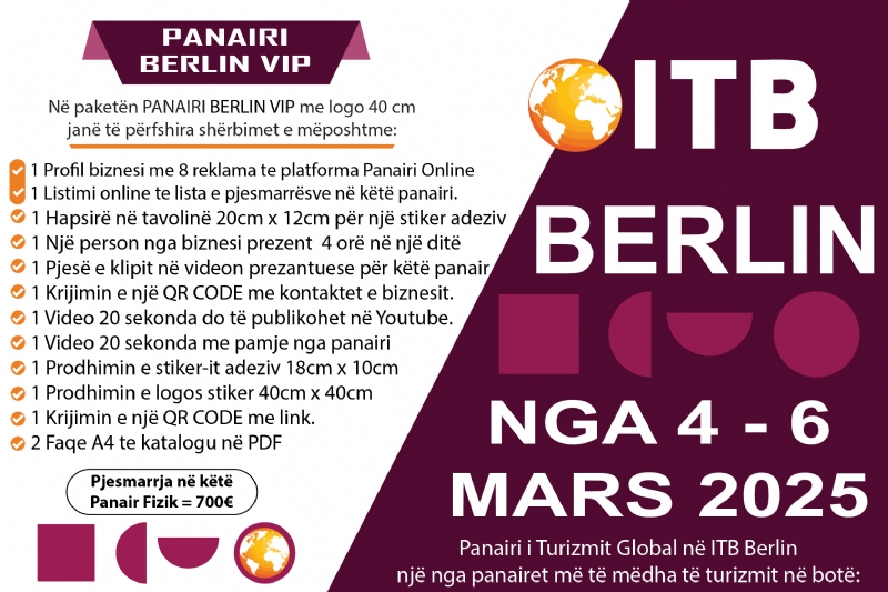 Paketa PANAIRI ITB BERLIN VIP me logon e biznesit 40cm, te baneri në stenden Panairi Online, Paketa per bizneset qe duan te marrin pjese ne panairin iternacional te trurizmit ne berlin me 4, 5, dhe 6 mars 2025